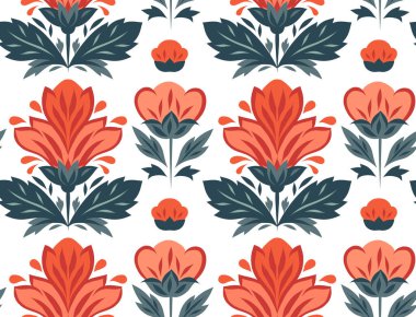 Sıraya dizilmiş geometrik çiçekleri olan kusursuz bir desen. Beyaz arka planda dekoratif kırmızı çiçekli doku. Duvar kağıdı ve ambalaj kağıdı için çiçek arkaplanı