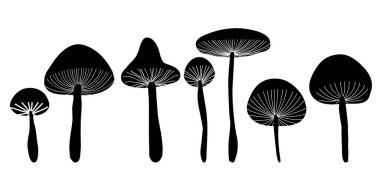 Siyah siluet seti stilize sinek zirai klip sanatı. Kartpostallar, kitap çizimleri, çıkartmalar için sihirli mantar deseni koleksiyonu.