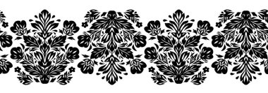 Siyah çiçek siluetiyle sınırsız vektör. Şekillendirilmiş çiçekleri olan zengin frizbi. Fırça, bölme ve resim çerçevesi için tek renkli çiçek yatay kenarı
