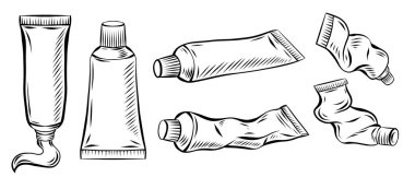 Akrilik ve yağ boyası tüpleriyle klitoris seti. Arkaplandan izole edilmiş yumurtadan çıkan diş macunu koleksiyonu. Sanatsal araçları özetle.