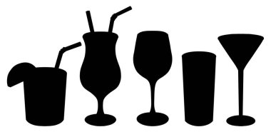 Farklı bardaklarda kokteyllerin siyah silueti. Menü ve pankartlar için arkaplandan izole edilmiş özet çizilmiş gözlük koleksiyonu.