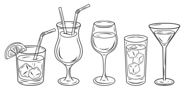 Buzlu, pipetli ve limon dilimli çeşitli kokteyl bardaklarının vektör çizimi. Taslak şeklinde çizilmiş. Menü tasarımı, bar posterleri ya da yaz partisi davetiyeleri için mükemmel.