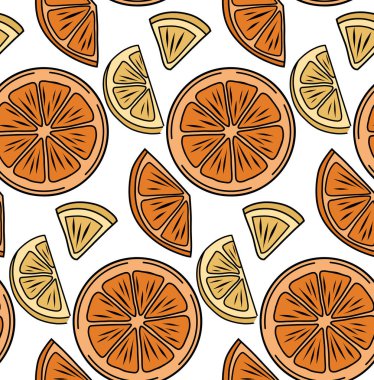 Elle çizilmiş portakal ve limon dilimli vektör yazsız desen. Beyaz arka planda turunçgiller var. Kumaş ve duvar kağıtları için yiyecek arkaplanı