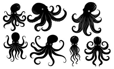 Arka plandan izole edilmiş siyah ahtapot siluetleri. Simgeler, çıkartmalar ve tasarım projeleri için eklembacaklı canavar klipsi koleksiyonu