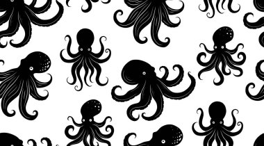 Beyaz arka planda siyah ahtapot siluetlerinin vektörsüz deseni. Tekstil, duvar kağıdı, ambalaj ya da deniz temalı tasarımlar için uygun. Tekrarlayan deniz canlıları ile kalın kontrast stili.