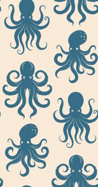 Bej bir arka planda mavi ahtapot siluetlerinin vektörsüz deseni. Tekrarlayan deniz canlıları ile cesur kontrast stili. Tekstil, duvar kâğıtları, ambalaj veya deniz temalı tasarımlar için uygundur.