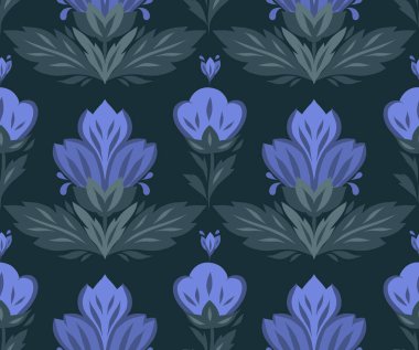Dekoratif çiçeklerle, halk sanatı tarzında kusursuz bir desen. Mavi ve yeşil tonlarda zarif çiçek tasarımı, duvar kağıtları, tekstil, ambalaj, ambalaj kağıdı ve dijital arkaplan için ideal..