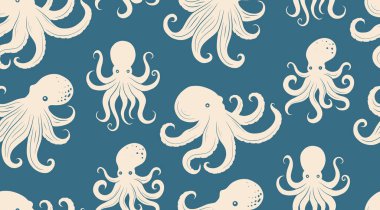 Tekstil, duvar kâğıdı, ambalaj ya da deniz temalı tasarımlar için mavi arka planda beyaz ahtapot siluetlerinin vektörsüz deseni. Tekrarlayan deniz canlıları ile cesur retro tarzı.