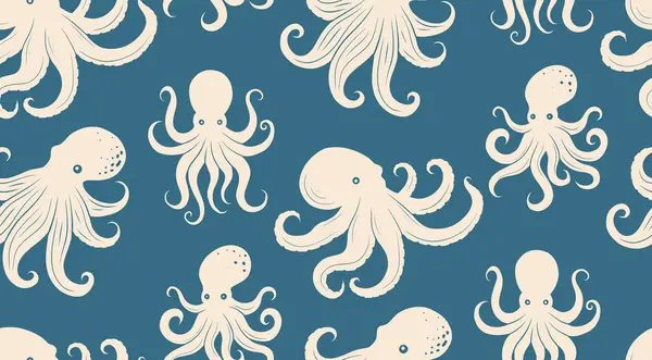 Tekstil, duvar kâğıdı, ambalaj ya da deniz temalı tasarımlar için mavi arka planda beyaz ahtapot siluetlerinin vektörsüz deseni. Tekrarlayan deniz canlıları ile cesur retro tarzı.
