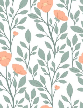 Kusursuz desenli, narin çiçekler ve düz yeşil yapraklı. Tekstil, duvar kâğıtları, ambalaj ve ekolojik tasarım için mükemmel. Dekorasyon için şık botanik çizimler.