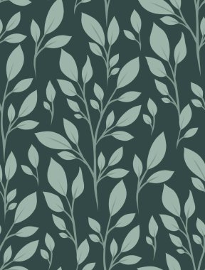 Koyu arkaplanda minimum düz tarzda büyüyen bitkilerle vektör pürüzsüz desen. Çevre tasarımı, tekstil ve duvar kağıdı için yeşil dalları olan doğa dokusu