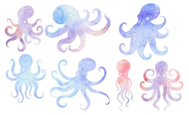 Arka plandan izole edilmiş suluboya ahtapot siluetleri. Simgeler, çıkartmalar ve tasarım projeleri için dokunaçları olan renkli canavar klipsleri koleksiyonu