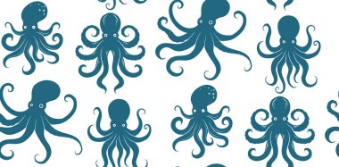 Beyaz arka planda mavi ahtapot siluetlerinin vektörsüz deseni. Tekrarlayan deniz canlılarıyla tek renkli doku. Tekstil, duvar kâğıtları, ambalaj, kumaşlar için elverişli