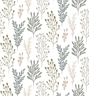 Beyaz arka planda dalları olan kusursuz bir İskandinav deseni. Yaprakları pastel olan doğa dokusu. Duvar kâğıdı, ambalaj kağıdı ve kumaşlar için yumuşak renkler.