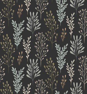 Koyu arkaplanda dalları olan vektörsüz skandal deseni. Kökleri ve pastel yaprakları olan doğa dokusu. Duvar kağıdı, ambalaj kağıdı ve kumaşlar için yumuşak renkler.
