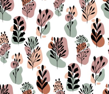 Soyut botanik siluetleri ve renkli şekilleri olan vektörsüz desen. Modern minimalizmin çiçek dokusu tekstil, ambalaj, duvar kağıtları ve dijital arka planlar için idealdir..