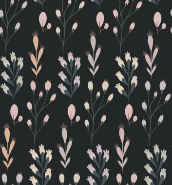 Koyu arkaplanda pastel renklerde narin çiçek dalları olan vektörsüz desen. Tekstil, duvar kâğıtları, ambalaj kağıtları için zarif kırsal botanik doku