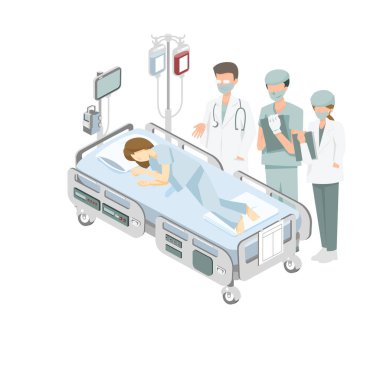 Hasta hastane yatağında ve ziyaretçi grafik çizimi beyaz arka planda.