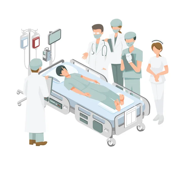 医院病床上的病人和白色背景下的访客图形矢量图解 — 图库矢量图片