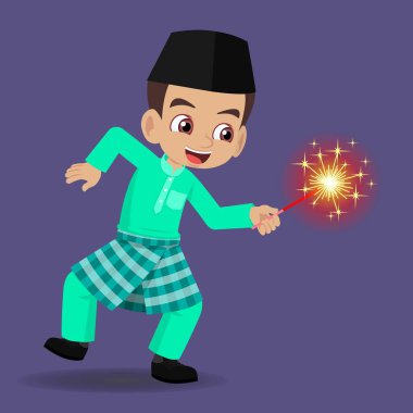 cartoon Malay boy in a traditional suit with a fireworks in hand. vector illustration.