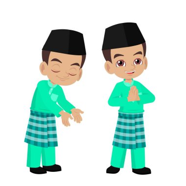 vector cartoon illustration of cute little Malay boy with arms and holding hands greeting