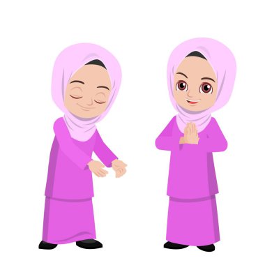 cute Malay girl wearing hijab and traditional dress greeting.