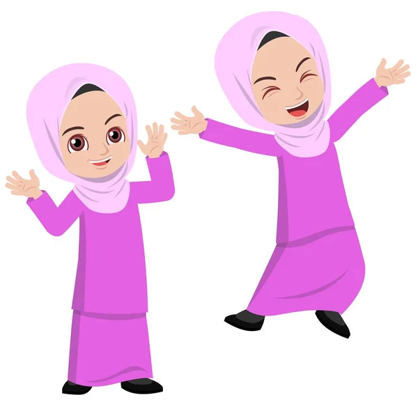 cute Malay girl wearing hijab and traditional dress happy and joyful.