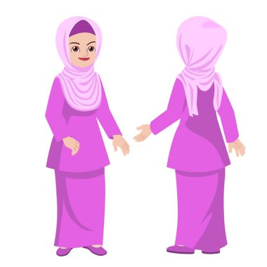 Muslim Malay woman in hijab and pink traditional Malay dress standing poses front and back view.