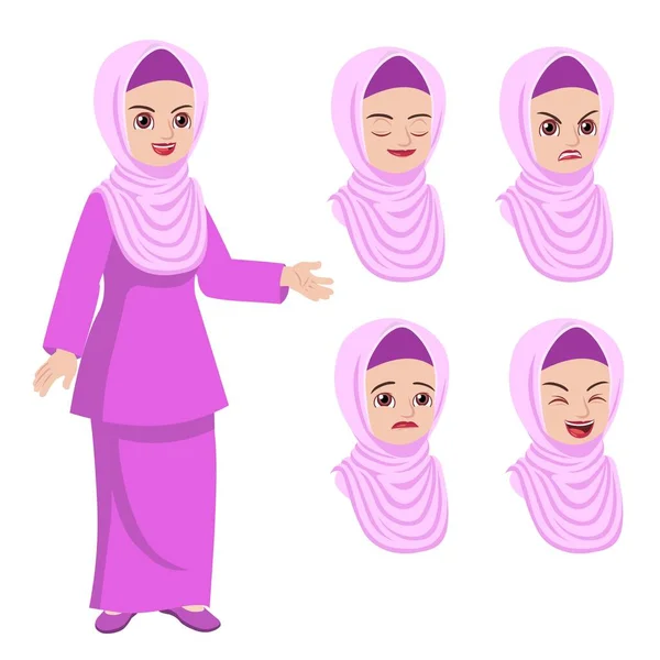Femme Musulmane Malaise Hijab Robe Traditionnelle Malaise Rose Avec Ensemble — Image vectorielle