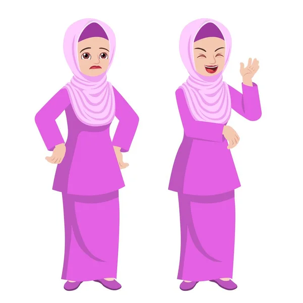 Muslim Malay woman in hijab and a pink traditional Malay dress with difference emotion reaction.