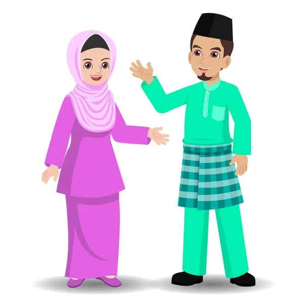 Vector Illustration Cartoon Malay Muslim Couple Greeting Traditional Costume — Stock Vector