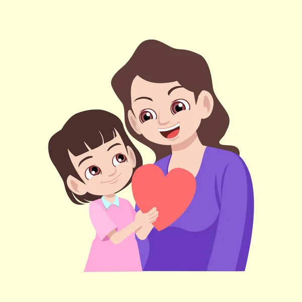Madre Feliz Con Hija Sosteniendo Forma Del Corazón Vector Ilustración — Vector de stock