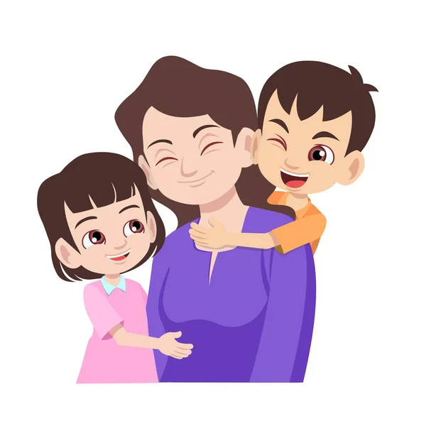 Glückliche Mutter Mit Ihrem Sohn Und Ihrer Tochter Fröhlich Zusammen — Stockvektor