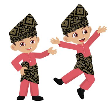 Cute happy Malay boy in traditional Malay clothes excited greeting welcome  clipart