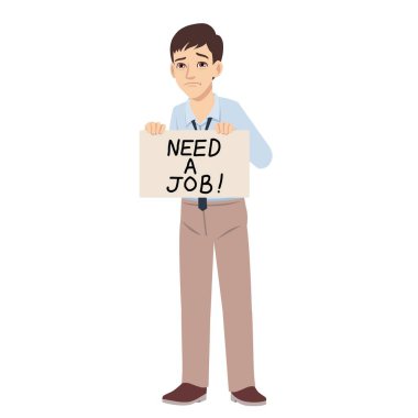 dismissed sad young office man holding the cardboard looking for a job clipart