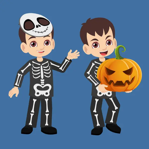 stock vector Cute little boy wearing skeleton costume celebrate Happy Halloween party holding big carving pumpkin