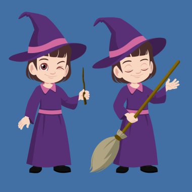 Cadı kostümü giymiş şirin küçük bir kız elinde süpürge ve sihirli değnekle poz veriyor.