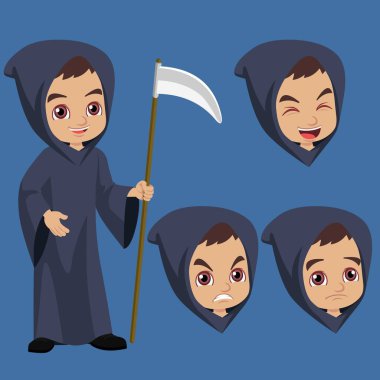 Azrail kostümü giyen ve yüzünde kızgın, üzgün, mutlu ve kahkahalar atan bir yüz ifadesi olan tırpan tutan bir çocuk.