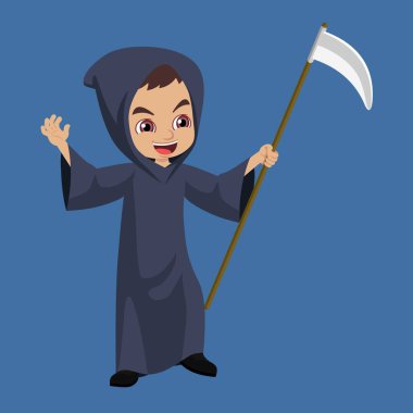 Azrail kostümü giyen ve Cadılar Bayramı partisinde tırpan tutan çocuk.