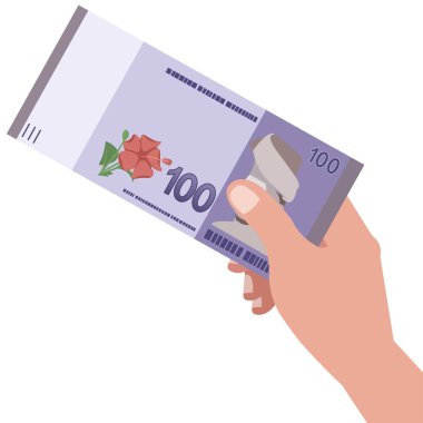 El ele tutuşup, Malezya 'nın 100 RM100 Ringgit banknotunu, Malezya para birimi Ringgit Malezya nakit kağıt parasının örnek düz tasarım illüstrasyonunu göster.