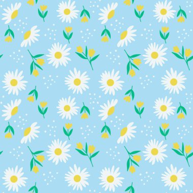 Mavi arkaplan illüstrasyonunda papatya çiçeği pürüzsüz. Parmak izi için oldukça çiçek desenli. Düz tasarım vektörü.