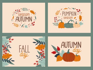 Sonbahar tasarımlı pankart ve merhaba sonbahar yazıtları. Vektör düz tasarım. El çizimi harfler. Bir buket sonbahar yapraklı balkabağı. Şablon..