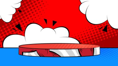 Çizgi roman podyumu. Çizgi roman ürün sahne kaidesi sunumu için. Vektör illüstrasyon soyut platform. Eski doku, arkaplan.