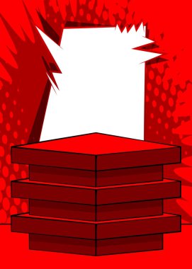 Red Comic Book Product podium. Vintage pop art stage for mockup presentation. Empty Pedestal background.