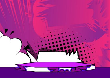 Comic Book Hexagonal Purple Product podium for mockup presentation. Cartoon Graphic Stage Presentation. Vector Showcase Illustration.
