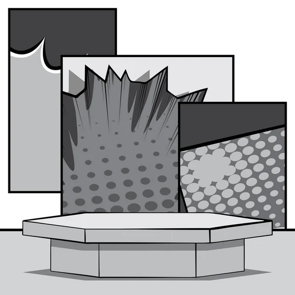 Cartoon Hexagonal Gray Stage Mockup Presentation Comic Book Product Podium — Stok Vektör