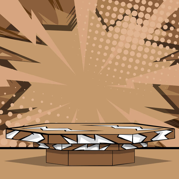 Этап комиксов. Коричневое шестиугольное шоу. Мультфильм подиум для макета презентации. Векторное пространство для рекламы продукции. Графическая иллюстрация презентации.