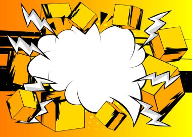 Blank comic book speech bubble background with cube shapes. Yellow comics cartoon template.