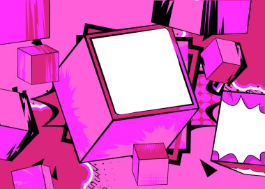 Blank comic book copy space on a pink cube shape. Comics cartoon background template.