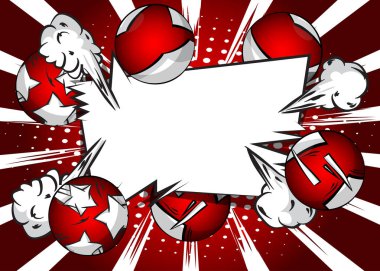 Red and white comic book poster with spheres. Comics Presentation with Advertising space, abstract background. Retro pop art style.